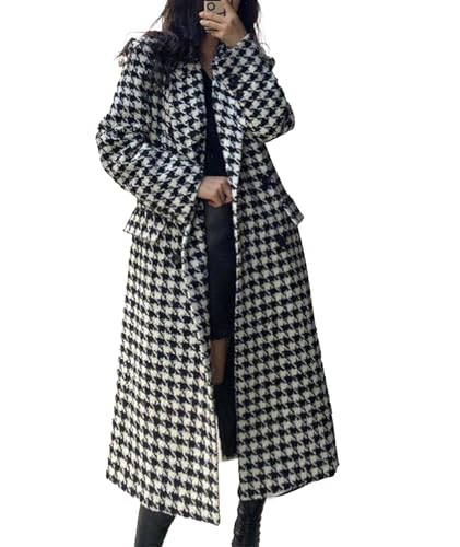 Women's Houndstooth Trench Coat Notch Lapel Double Breasted Quilted Lined Long Jacket Overcoat Pea Coat