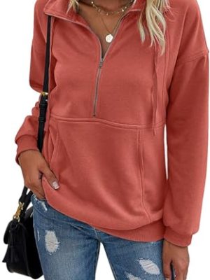 Women's Casual Long Sleeve Lapel Zipper Sweatshirt Drawstring Loose Pullover Tops