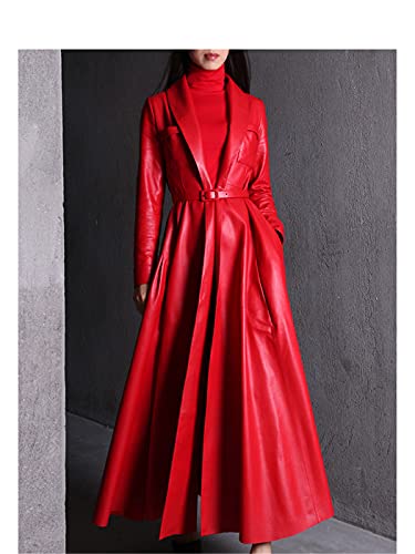 Red Black Maxi Leather Trench Coat, Women Long Skirted Elegant Overcoat Plus Size