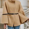 Womens Batwing Sleeve Poncho Pea Coats Oversized Belted Trendy Casual Stand Collar Cloak Cape Coats
