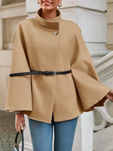 Womens Batwing Sleeve Poncho Pea Coats Oversized Belted Trendy Casual Stand Collar Cloak Cape Coats