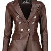Double Breasted Fancy Buttons Lambskin Leather Blazer Women - Kim Kardashian Long Sleeve Coat Style Leather Jacket Women