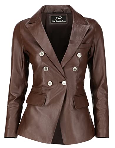 Double Breasted Fancy Buttons Lambskin Leather Blazer Women - Kim Kardashian Long Sleeve Coat Style Leather Jacket Women