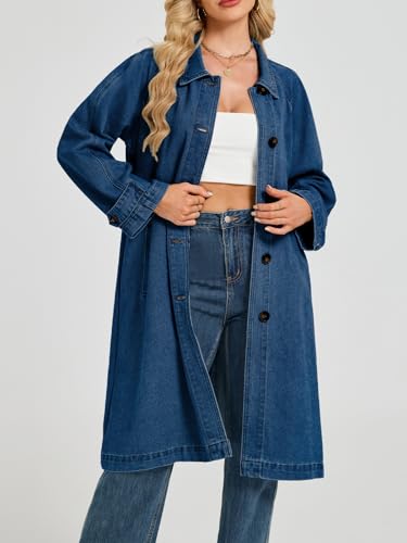 Denim Trench Coat Women Midi Long Jean Jacket Oversized Single Breasted Maxi Duster Overcoat
