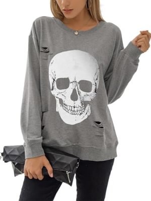 Women's Halloween Sweatshirts Skull Graphic T Shirts Long Sleeve Pullover Tops Gothic Fall Clothes 2025