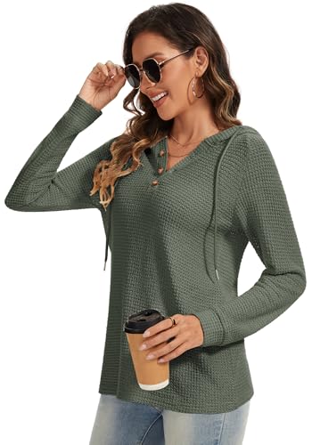 Hoodies for Women Waffle Knit V Neck Oversized Sweatshirt Button Down Drawstring Hooded Pullover Tops for Fall 2025