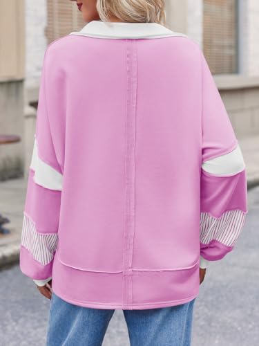 Womens Color Block Oversized Sweatshirt Polo V Neck Long Sleeve Shirts Casual Loose Pullover Tops