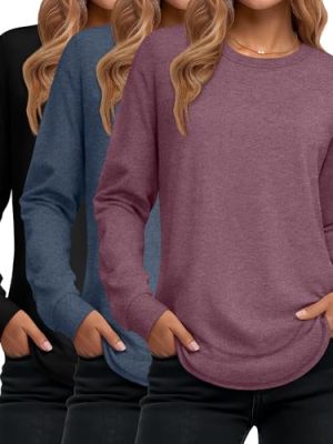 3 Pack Women's Long Sleeve Shirts, Cotton Crew Neck Tunic Tops Casual Loose Fit Pullover Sweatshirts Curved Hem Shirts