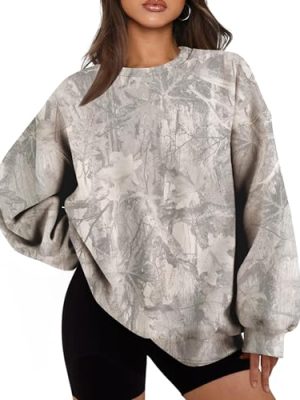 Camo Sweatshirt for Women Mens Oversized Fleece Camouflage Maple Leaf Crewnecks Pullover Tops Hunting Hoodies