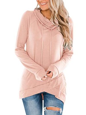 Womens Cowl Neck Tunic Tops Long Sleeve Pullovers Casual Drawstring Sweatshirts