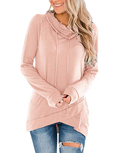 Womens Cowl Neck Tunic Tops Long Sleeve Pullovers Casual Drawstring Sweatshirts