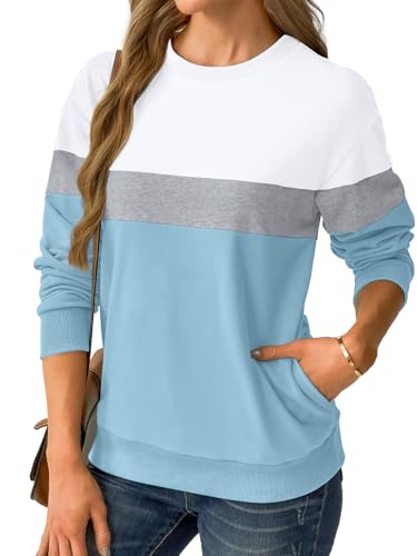 Womens Sweatshirts Cotton Crewneck Tops Long Sleeve Cute Lightweight Fall Winter Loose Casual Pullover with Pockets