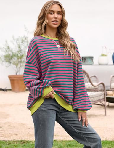 Women Oversized Striped Crewneck Sweatshirt Long Sleeve Color Block Pullover Tops Casual Loose Workout Shirt