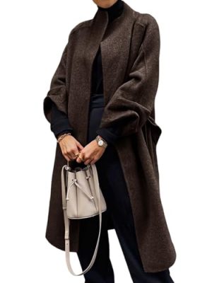 Womens Long Pea Coats Oversized Wrap Wool Blend Trench Coats Winter Open Front Cardigan Overcoats