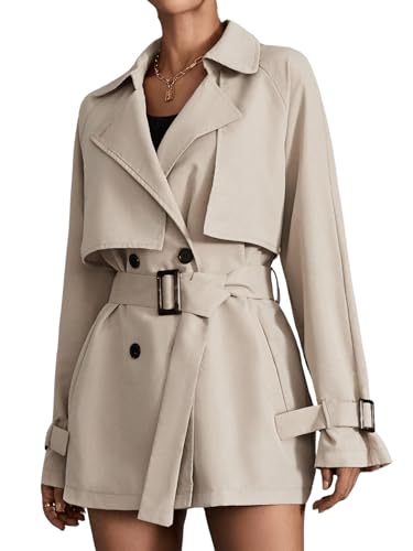 Women's Solid Double Breasted Long Trench Coat Raglan Sleeve Belted Lapel Overcoat