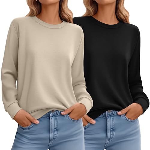 2 Pack Women's Casual Sweatshirts, Long Sleeve Cotton Shirts Loose Fit Lightweight Crew Neck Basic Tops Pullover