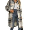 Women's Long Plaid Shirt Jacket Shacket Lapel Button Down Woolen Blend Casual Tartan Over Shirt Trench Coat