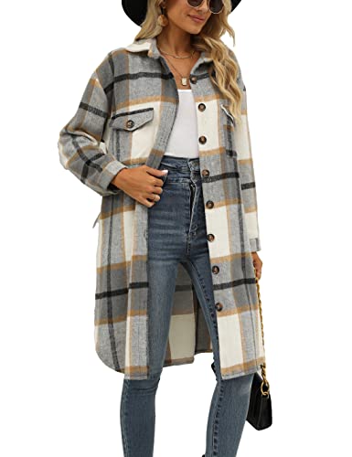 Women's Long Plaid Shirt Jacket Shacket Lapel Button Down Woolen Blend Casual Tartan Over Shirt Trench Coat