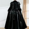 Women's Extra Long Black Reflective Patent Faux Leather Trench Coat Belted European Fashion Windproof Overcoat