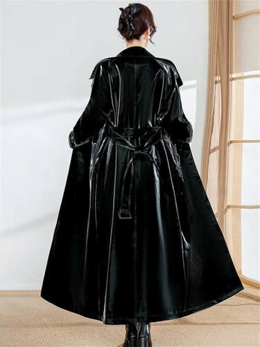 Women's Extra Long Black Reflective Patent Faux Leather Trench Coat Belted European Fashion Windproof Overcoat