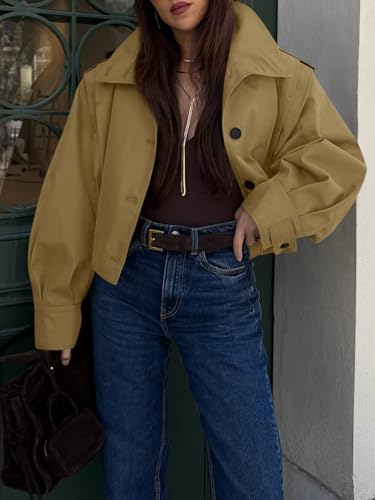 Womens Cropped Trench Coats Pleated Button Down Short Jackets Fall Casual Lapel Loose Fit Outerwears
