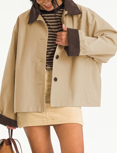 Womens Contrast Collar Jacket Casual Button Down Long Sleeves Crop Trench Coat Outerwear with Pockets
