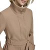 Women's Stand Belted Wool Trench Coat with Soft Ribbed-Knit Collar Detail