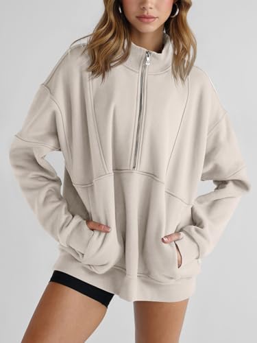 Women's Half Zip Sweatshirts Fleece Stand Collar Long Sleeve Thumb Hole Oversized Pullovers with Pockets