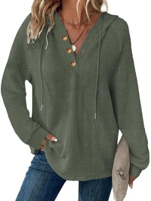 Hoodies for Women Waffle Knit V Neck Oversized Sweatshirt Button Down Drawstring Hooded Pullover Tops for Fall 2025