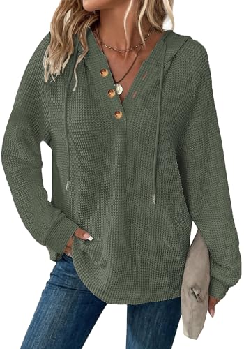 Hoodies for Women Waffle Knit V Neck Oversized Sweatshirt Button Down Drawstring Hooded Pullover Tops for Fall 2025