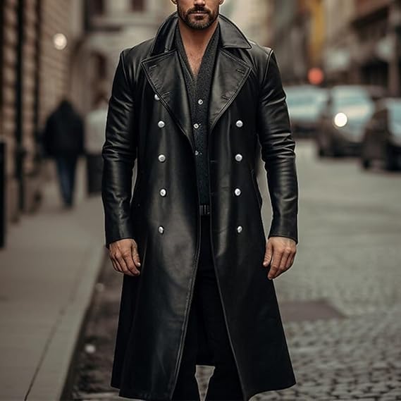 Men's Faux Leather Long Trench Coat Full Length Windproof Overcoat Fashion Vintage Open Front Cardigan Jacket