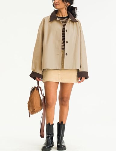Womens Contrast Collar Jacket Casual Button Down Long Sleeves Crop Trench Coat Outerwear with Pockets