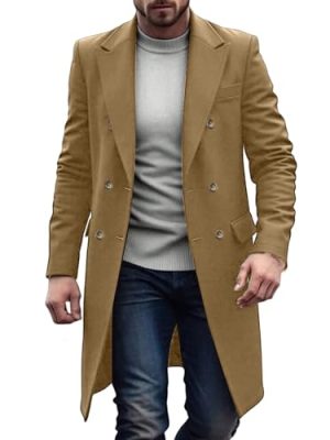 Mens Trench Coat Long Casual Single Brested Overcoat Winter Notched Collar Wool Blend Peacoat with Pockets