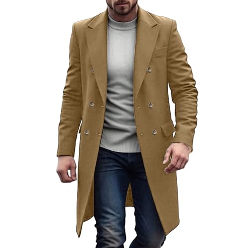 Mens Trench Coat Long Casual Single Brested Overcoat Winter Notched Collar Wool Blend Peacoat with Pockets