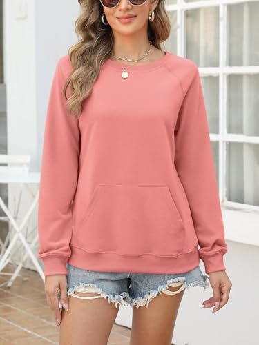 Womens Casual Crew Neck Sweatshirt with Pockets Loose Fit Soft Long Sleeve Lightweight Pullover Tops Fall Clothes