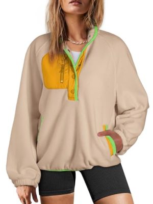 Sweatshirt for Women Oversized Fuzzy Fleece Jacket Color Block Button Long Sleeve Pullover Sherpa Sweatshirts Tops