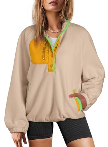 Sweatshirt for Women Oversized Fuzzy Fleece Jacket Color Block Button Long Sleeve Pullover Sherpa Sweatshirts Tops