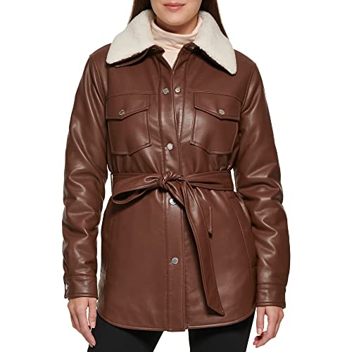 womens Modern Updated Shacket Belted Trench Faux-leather