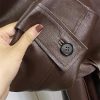 Women's Belted Double-Breasted Long Burgundy Soft Faux Leather Trench Coat