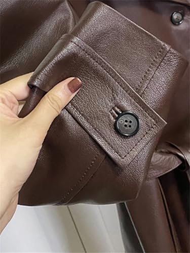 Women's Belted Double-Breasted Long Burgundy Soft Faux Leather Trench Coat