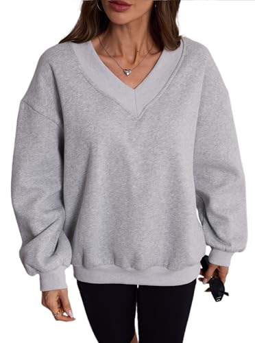 Womens V Neck Oversized Sweatshirts Casual Drop Shoulder Long Sleeve Pullover Tops