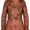 Ladies Leather Trench Coat Tan Mid Length Coat Classic Jacket