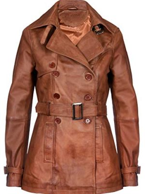Ladies Leather Trench Coat Tan Mid Length Coat Classic Jacket