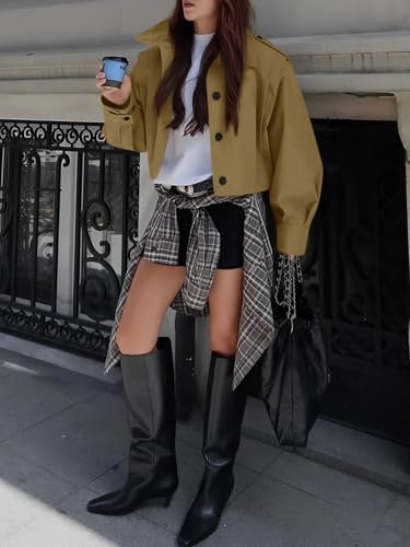 Womens Cropped Trench Coats Pleated Button Down Short Jackets Fall Casual Lapel Loose Fit Outerwears