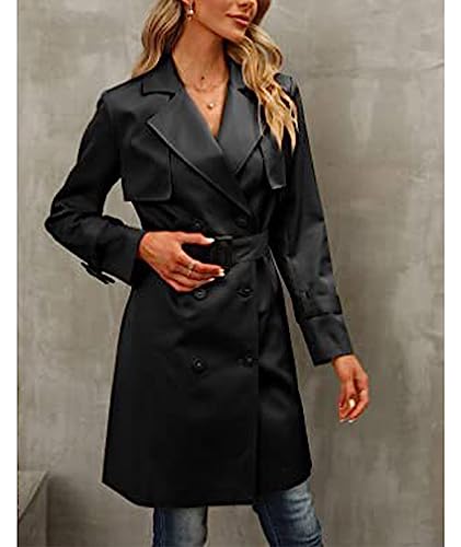 Women's Double Breasted Midi Trench Coat Flowy Light Weight Classic Belted Lapel Slim Windproof Overcoat