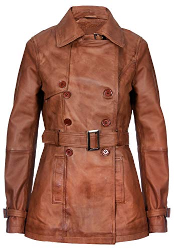 Ladies Leather Trench Coat Tan Mid Length Coat Classic Jacket