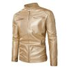 Men's Faux Leather Motorcycle Jacket Vintage Stand Collar Leather Biker Coat Fashion Lightweight Zipper Coats
