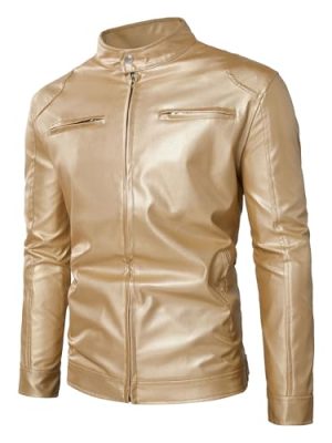 Men's Faux Leather Motorcycle Jacket Vintage Stand Collar Leather Biker Coat Fashion Lightweight Zipper Coats