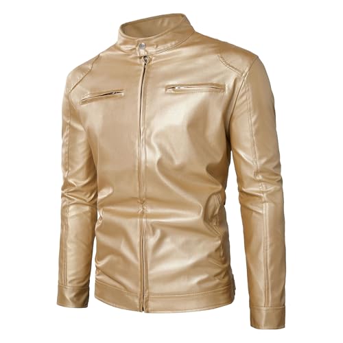 Men's Faux Leather Motorcycle Jacket Vintage Stand Collar Leather Biker Coat Fashion Lightweight Zipper Coats