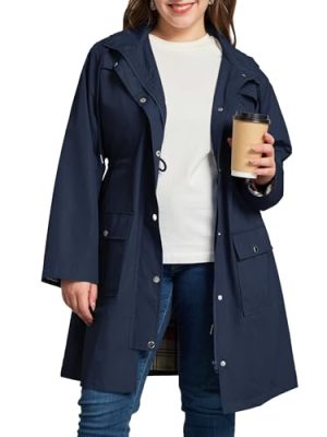 Plus Size Rain Jackets for Women Raincoats Waterproof Windbreaker Jacket Hooded Outdoors Trench Coat with Pockets